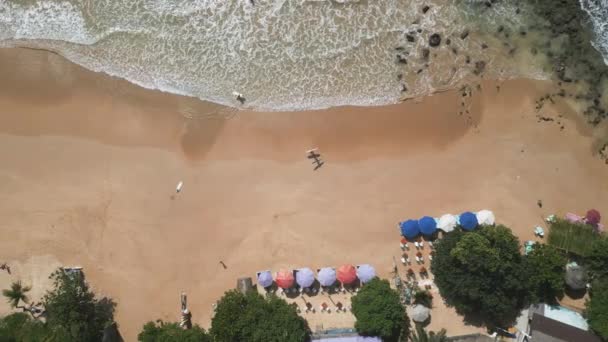 Vista Aérea Pareja Surfistas Caminando Playa Arena Con Tablas Surf — Vídeo de stock
