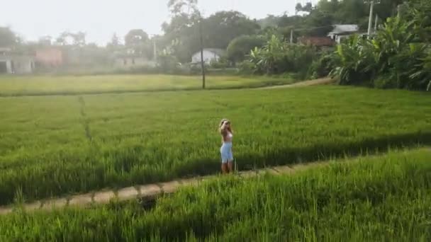 在绿地 热带森林的背景下 孤独的旅行者享受着宁静 空中看到一个女人站在巨大的稻田里 双手自由地举起 宁静的风景 生态旅行 健康的撤退 — 图库视频影像