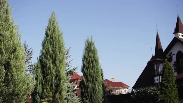 Klarblå Himmel Och Grönskande Grönska Ram Pittoreska Arkitektur Tyder Historiska — Stockvideo