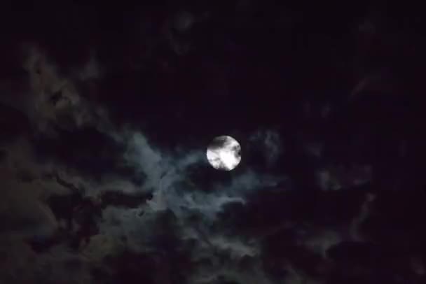 戏剧化的夜间时间通过移动的云彩覆盖捕捉月光 乌云在黑暗的天空中经过满月 月球表面可见于快速漂浮的云层之间 自然场景拍摄 — 图库视频影像