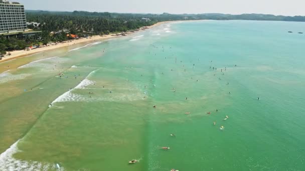 Flyfoto Surfere Padling Venter Fanger Bølger Stranden Surfe Kultur Turisme – stockvideo