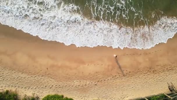 砂浜の海岸線を散策し 近くで波が衝突しています 海岸沿いを散策する女性の空想的な眺め 後ろを歩く足跡 トランキルビーチシーン オーバーヘッドの視点 旅行の瞬間をキャプチャ — ストック動画