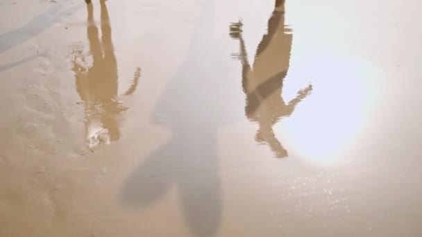 Reflections Shadows People Surfboards Clear Sand Surfers Couple Barefoot Feet — Stock Video
