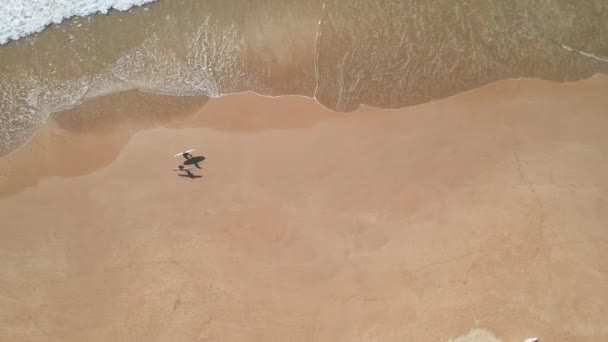 Luftaufnahme Von Surfern Paar Fuß Sandstrand Mit Surfbrettern Von Meereswellen — Stockvideo