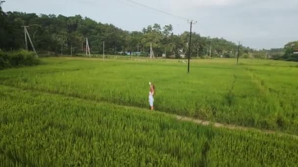 空中盘旋捕捉到宁静的自然 和平的撤退 繁茂的环境 在翠绿的稻田里的女人 在热带雨林中自由地举起双臂 — 图库视频影像