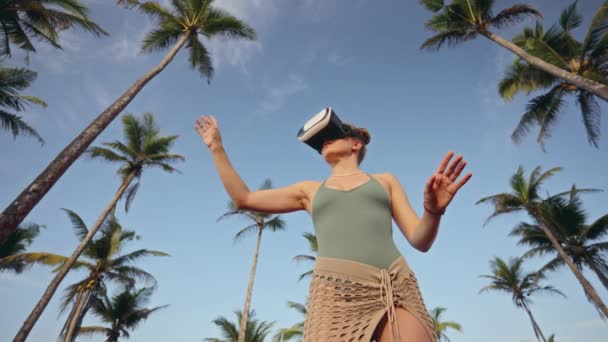 Her Arms Raised Gestures Interacting Digital Elements Possibly Metaverse Simulation — Stock Video