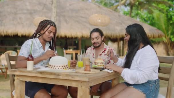 Diverse Group Enjoys Meal Conversation Casual Outdoor Setting Multiracial Lgbtq — Stock Video