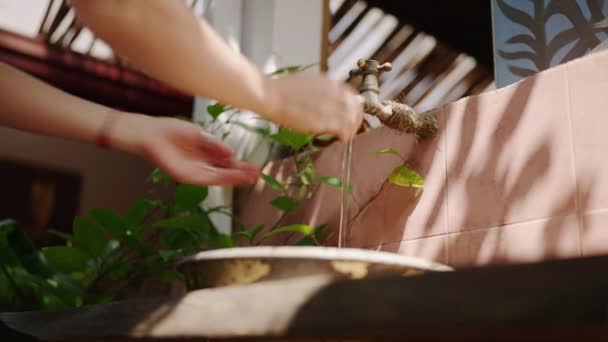 巴厘岛的咖啡店里 女性的手在水槽里洗澡 用绿色植物洗手的地方 瓷砖上有阴影 在热带餐馆院子里的异国情调植物 游客洗手的地方 — 图库视频影像