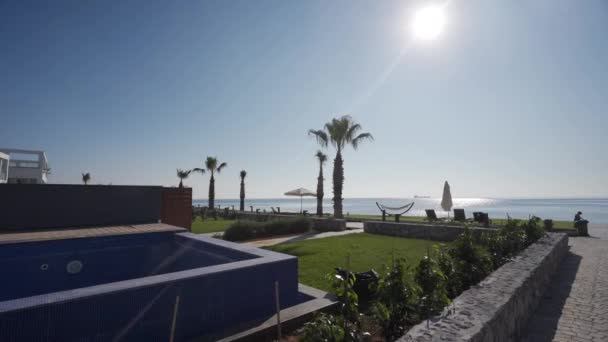 Oceanfront Property Showcases Luxury Villa Pool Palm Trees Pristine Beach — Stock Video