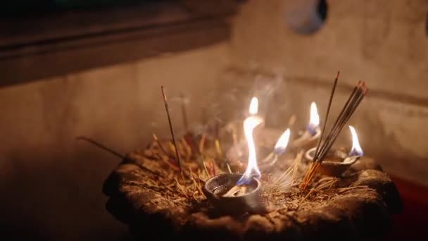 Evening Prayer Ambiance Spiritual Practice Sacred Place Incense Sticks Burn — Stock Video