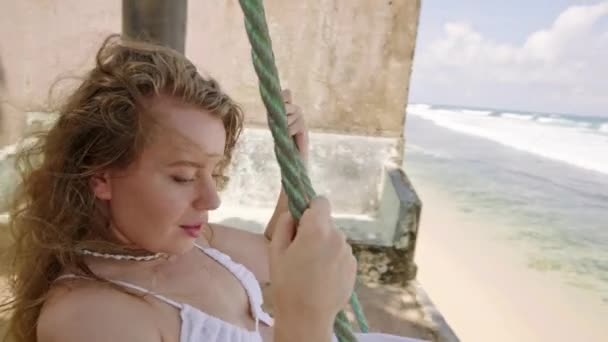 Female White Dress Leisurely Swinging Breezy Seaside Atmosphere Happy Woman — Stock Video