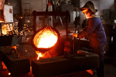 Çelik üretimi ısıya dayanıklı kostüm, kask. Sanayi işçisi dökümhanede erimiş metal döküyor. Ağır iş gücü. Metalürji süreci, fırında demir eritme. Metal işçiliği, kızgın demir döküm.