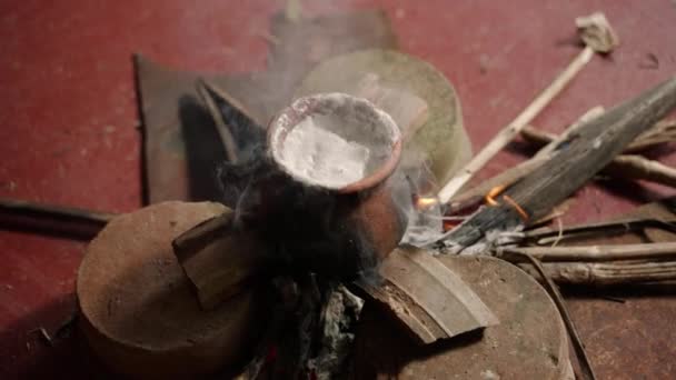 Traditional Ritual Observed Flames Lick Clay Pot Milk Spills Promote — Stock Video