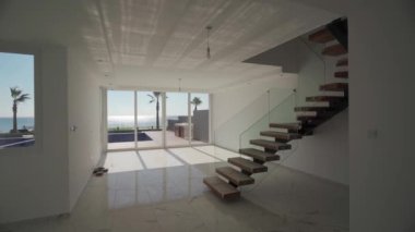 Gayrimenkul gösterisi, iç tasarım ilhamı ve yaşam tarzı için mükemmel. Sahil manzaralı villa açık alan, modern tasarım, yüzen merdiven, panoramik okyanus manzarası, lüks sonlar sergiliyor..