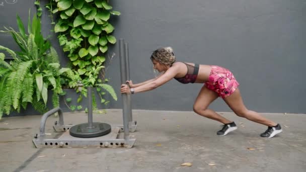 Samice Atlet Tlačí Těžké Psí Sáně Během Intenzivního Crossfit Cvičení — Stock video