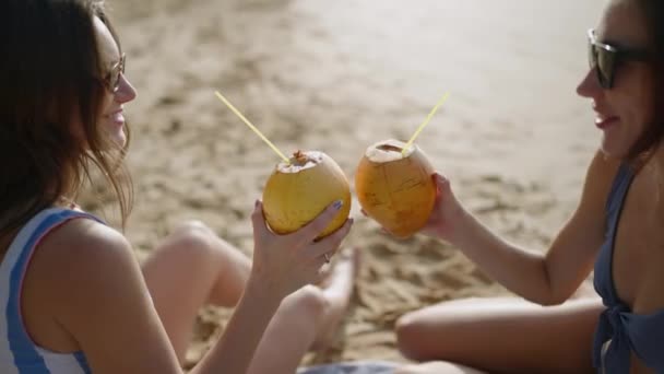 2人の陽気な女の子が日焼けし 砂浜でココナッツカクテルを応援しています 魅力的な女性が座って 砂の上に乾杯 夏休みに新鮮なココナッツを持っている陽気な女性観光客 — ストック動画