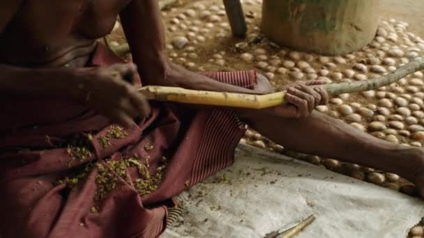 Αυθεντικές Διαδικασίες Εργάτη Μπαχαρικό Κάθεται Στο Πάτωμα Παραδοσιακός Τεχνίτης Ξεφλουδίζει — Αρχείο Βίντεο
