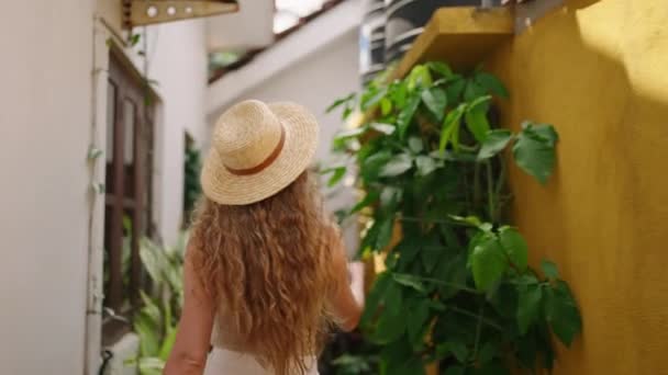 若いカーリーの女性が歩き回り バリ島の緑の植物と狭い通りに沿って回ります 旅行者のブロガーは行く 熱帯の島で屋外のエキゾチックな植物に触れる かなり笑顔の女性は休暇で散歩を楽しんでいます — ストック動画