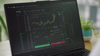 Günlük borsacılar gerçek zamanlı hisse senedi kazançlarını, modern ofiste kayıplarını gözden geçiriyorlar. Odaklanmış yatırımcı dizüstü bilgisayardaki pazar grafiklerini analiz eder. Kâr, ticaret analizi ekranda. Yavaş çekim.