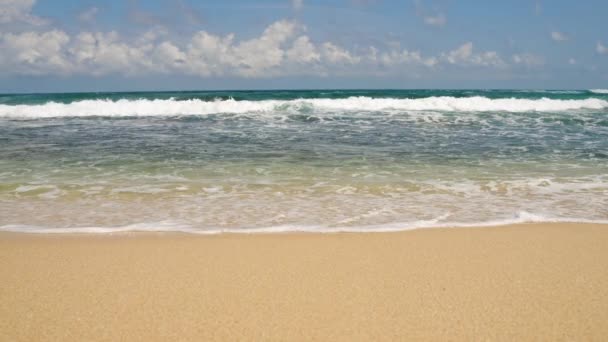 Bílá Pěna Moře Setkává Zlatým Břehem Rozbíjející Vlny Písečné Pláži — Stock video