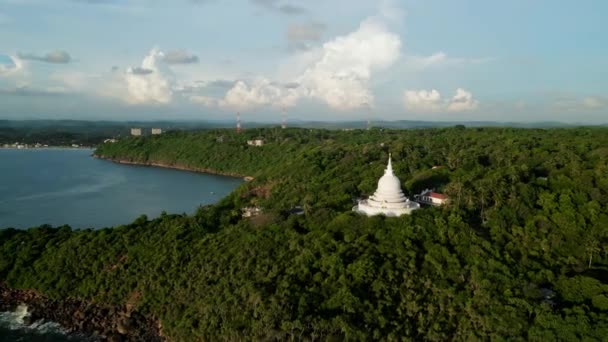 Peaceful Retreat Greenery Spirituality Sea Aerial View Buddhist Temple Pagoda — Stock Video