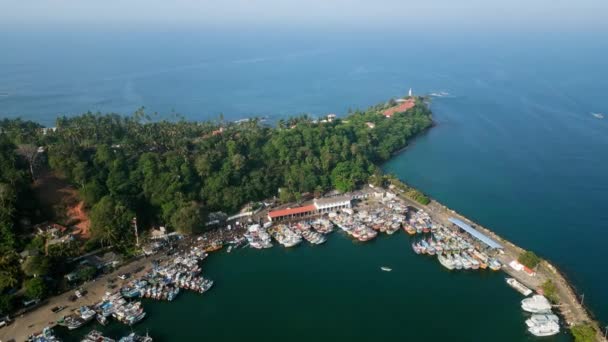 Aerial Mirissa Harbor Sri Lanka Variety Colorful Fishing Boats Moored — Stock Video
