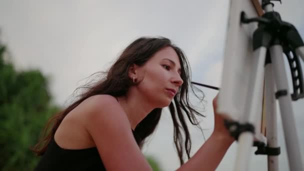 Kreatywna Kobieta Świeżym Powietrzu Mieszająca Kolory Palecie Artysta Maluje Pejzaż — Wideo stockowe