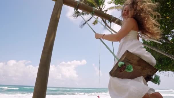 Cheerful Female Her Curls Flying Experiences Joy Freedom Coastline Curly — Stock Video