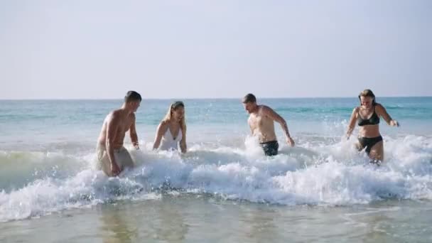 幸せなぬいぐるみの友人グループの男性と女性は 海で遊び 熱帯リゾートでお互いに水を飛ばしてリラックスします ビーチでの休暇で波で楽しんでいる2人の陽気な慎重なカップル — ストック動画