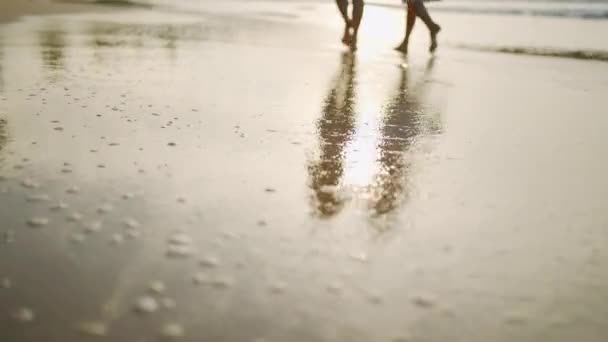日の出の明かりに濡れた砂の上の2人の少女のシルエットの反射 夏の日没に水面に影を落としている 熱帯の海岸線を歩いている若い女性 サンディビーチで裸足で行くフィットした女の子 — ストック動画