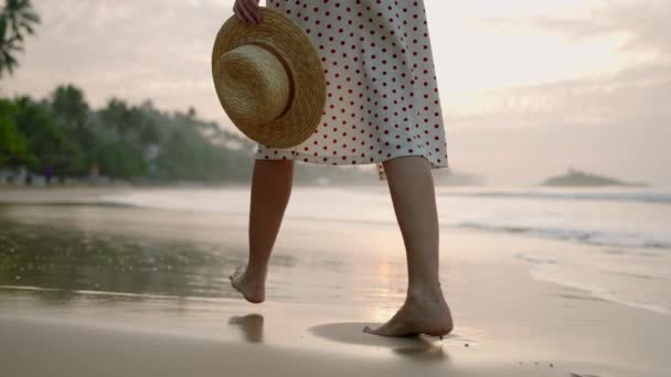 海岸の湿った砂の上に裸足を歩く女性の足 日の出に海サーフィン 海岸沿いにリラックスしたドレスを着た若い女性の足 ロマンチックな女の子はビーチでアイドル朝を楽しむ — ストック動画