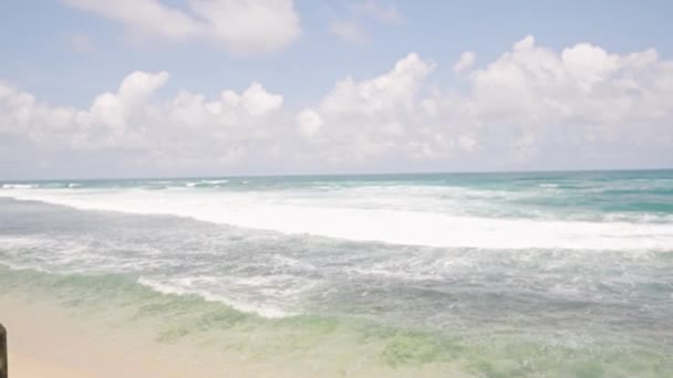 休闲在大自然 旅行的生活方式 女人喜欢在碧绿的大海 阳光灿烂的热带海滩上荡秋千 轻松愉快的氛围 假日探险 在海岸上愉快的单人旅行 慢动作 — 图库视频影像
