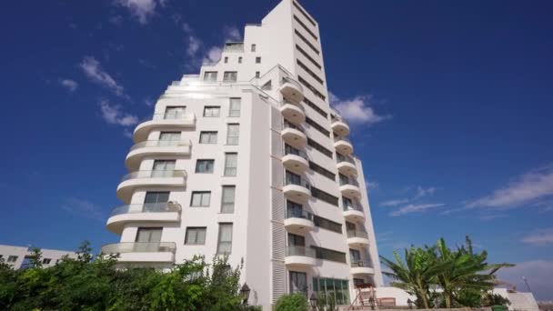 艳丽的高层投资地产沐浴在热带阳光下 棕榈树上的现代豪华海滨公寓塔 — 图库视频影像