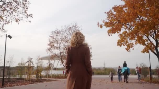 Sonbahar Manzarası Huzurlu Yürüyüş Şık Kıyafetler Zarif Bir Kadın Parkta — Stok video