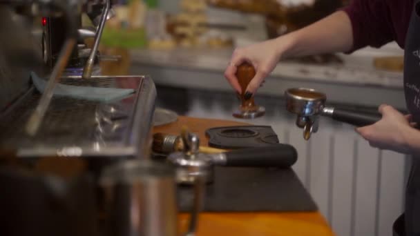 Steam Froths Milk Pours Rich Beverage Cup Barista Presses Ground — Stock Video