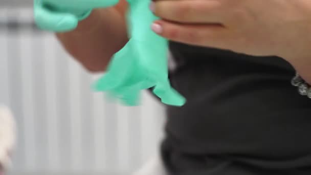 Les Dentistes Féminines Mettent Des Gants Protection Stériles Dans Cabinet — Video