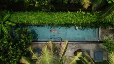 Palmiye ağaçlarında havuzda yüzen hava manzaralı kadın. Tropikal tatil beldesinde dinlenen gezginin insansız hava aracı görüntüsü. BIPOC dişileri doğal ortamda yüzmeyi sever. Tatil, uzak bir tatil, egzotik bir tatil.