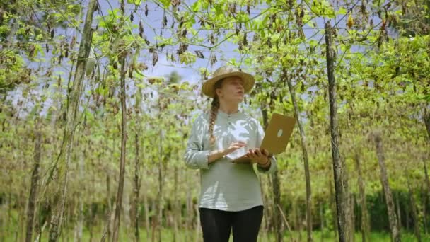 Vrouw Agronomist Met Laptop Onderzoekt Groenteoogst Boerderij Jonge Vrouwelijke Boer — Stockvideo