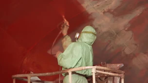 Repair Maintenance Process Applying Corrosive Coat Vessel Worker Protective Gear — Stock Video