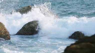 Deniz suyu taşlara çarpınca beyaz köpük oluşur. Dalgalar sahildeki yosunlu kayalara çarpıyor. Gün batımı ışığı okyanus yüzeyine yansıyarak sakin bir manzara yaratır. Huzurlu, güçlü doğa anı kameraya çekiliyor..