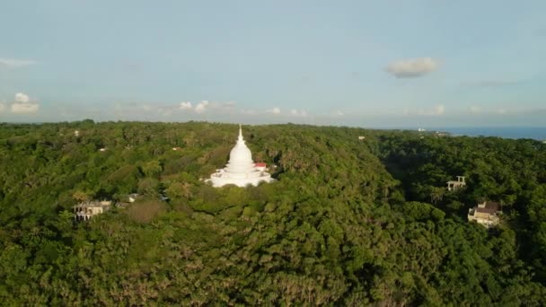 木々に囲まれた聖なる仏教の塔は 文化的なランドマークとして立っています ヌワトゥーナの丘の上の空中穏やかな日本の平和の塔は 海を見下ろしています 旅行者は スピリチュアルなサイト 景色の美しさを求める — ストック動画