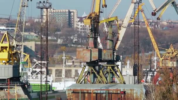 クリップは産業船のアセンブリ 重い機械類 都市の背景の経済活力を明らかにします マリポルの歴史的なアゾフ造船所は 広大なドック タワークレーン 海洋建設を展示しています — ストック動画