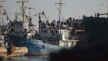Güneş ışığı sudan yansıyor, güvertede görünen ekipmanlar, balıkçı tekneleri şafakta yolculuğa hazırlanıyor. Ticari balıkçı gemileri limana demir attı. Denizcilik sanayi gemileri, limana yanaşan filolar..