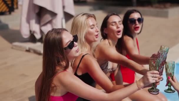 Women Drink Champagne Sitting Swimming Pool Swimsuits Bikini Clink Glasses — Stock Video