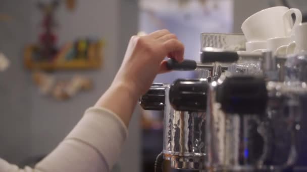 Skillful Coffee Making Process Hands Close Pro Espresso Equipment Use — Stock Video