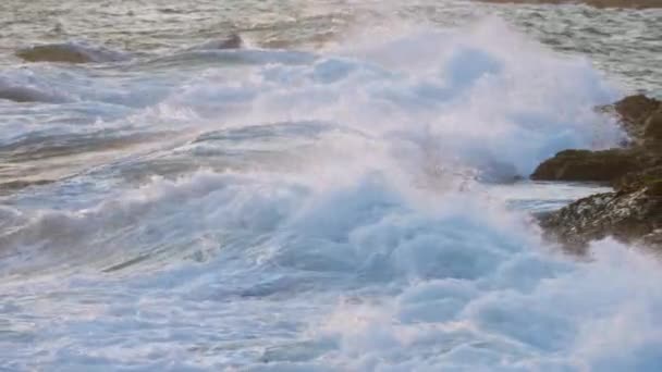 Sahildeki Doğa Sahnesi Alacakaranlıkta Çekildi Okyanusta Gün Batımı Parlıyor Dalgalar — Stok video
