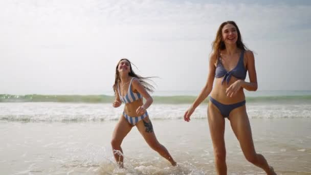 若い女性が歩き回り 海の波を笑った 海辺で楽しんでいる2人のスリムな女の子 海洋サーフィンで泳ぐ美しいモデル 夏の旅行を楽しんでいる女性の友人 — ストック動画