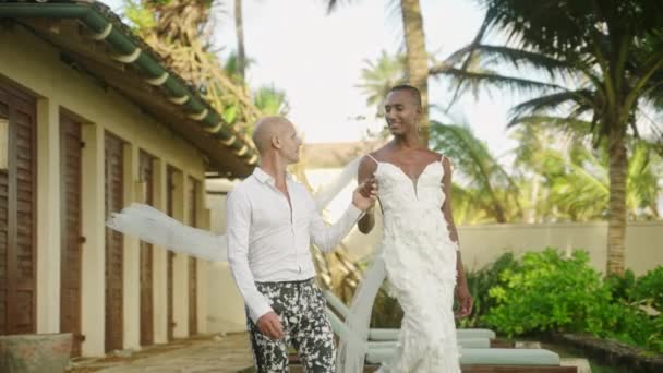 복장과 결혼식 호화스러운 주위에 Biethnic에 의하여 결혼된 해안과 이국적인 야자수 — 비디오