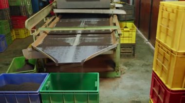 Siyah çay sıralanmış, büyük kutulara dökülmüş. Otomatik makine fabrikada çay yapraklarını işliyor. Endüstriyel üretim hattı, çay ambalajı yakalandı. Modern yöntemler. Yavaş çekim.