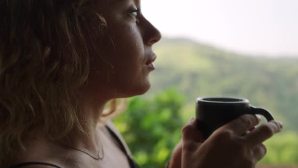 Tranquil Morning Scenic View Luxury Vacation Woman Sips Aromatic Tea — Stock Video